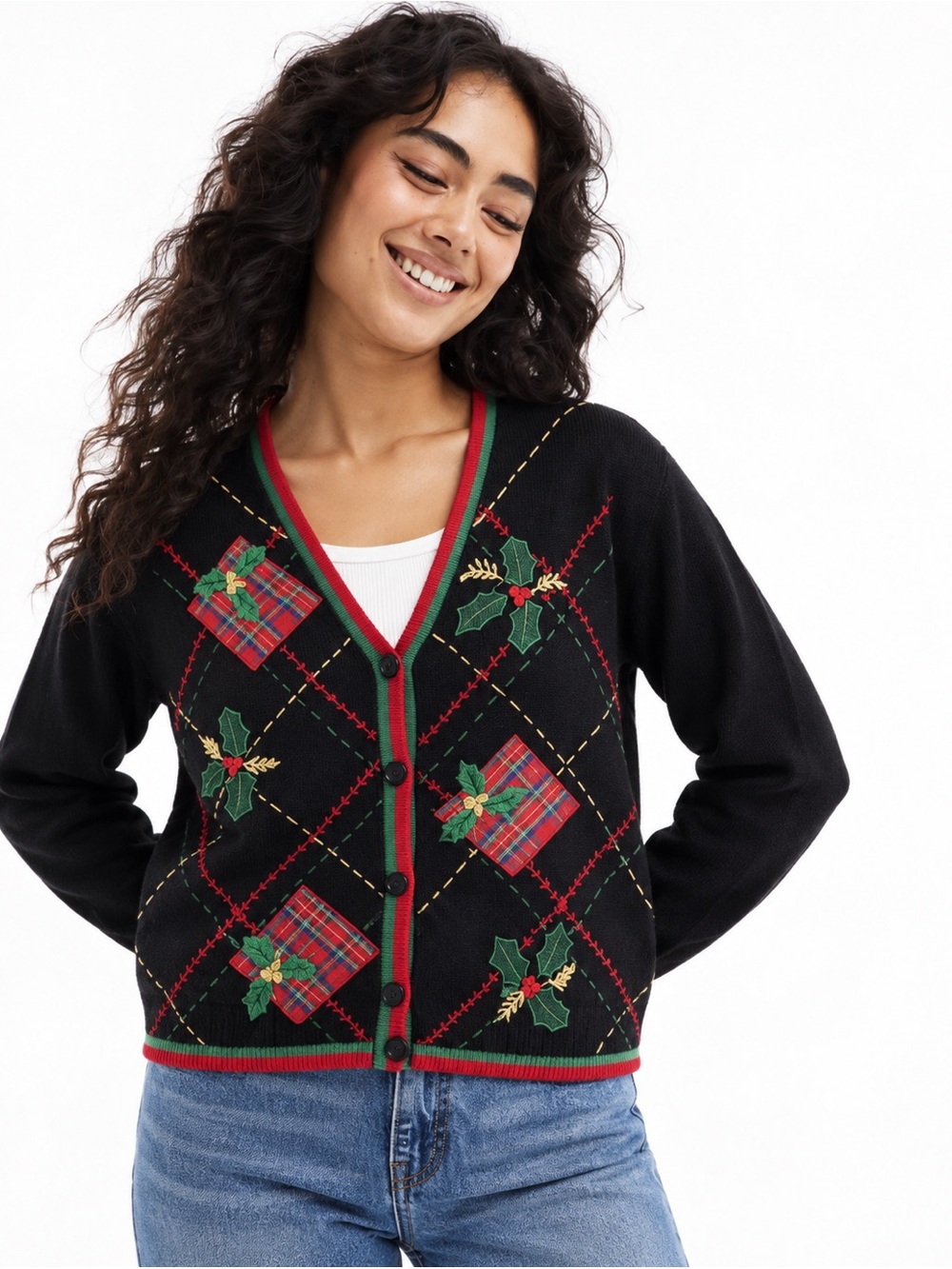 Vintage Christmas Holiday Cardigan Sweater Cotton Blend Size Large i
